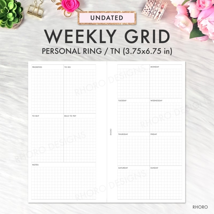 Weekly Grid - Personal Ring / TN Planner Printable Inserts