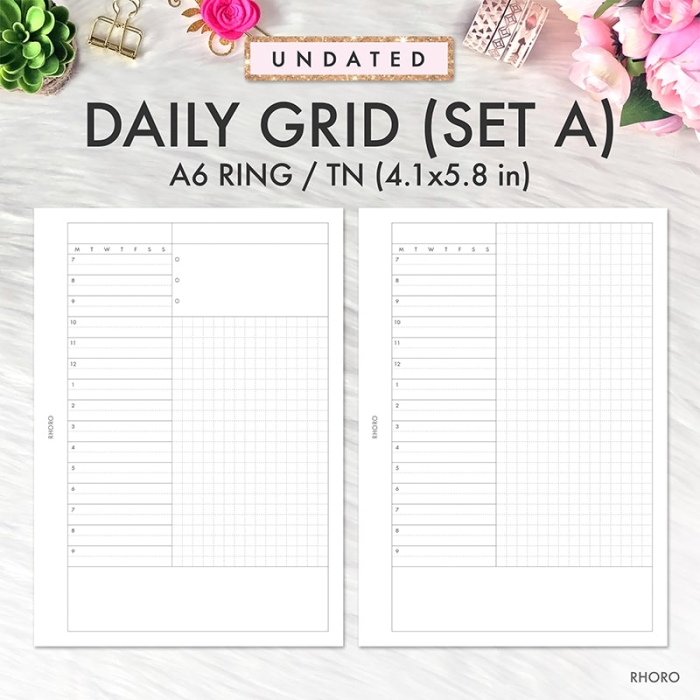 A6 Daily Grid Set A DO1P Ring Planner Inserts Printable | A6 TN