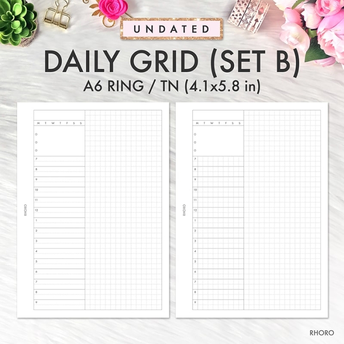 A6 Daily Grid Set B DO1P Ring Planner Inserts Printable | A6 TN