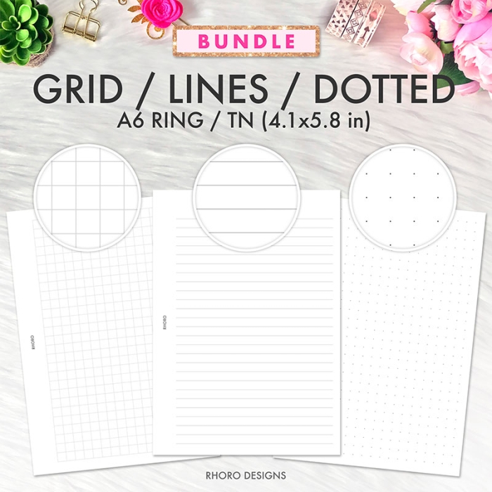 A6 Grid, Lines, Dotted Grid Planner Inserts Printable, Graph Bullet Journal Note / A6 TN