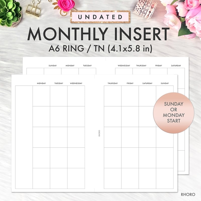 A6 Monthly Calendar Undated Ring Planner Inserts Printable | A6 TN