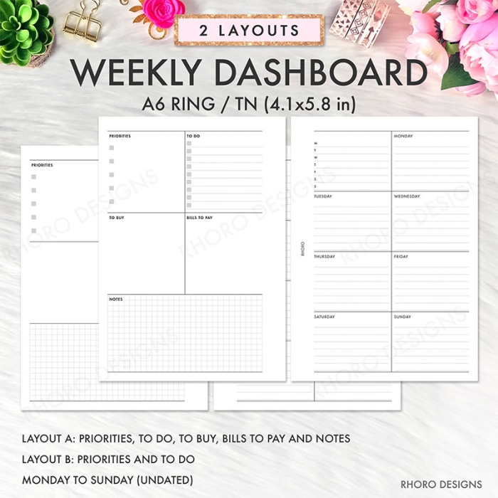A6 Weekly Dashboard Layout Undated Ring Planner Inserts Printable | A6 TN - Image 4