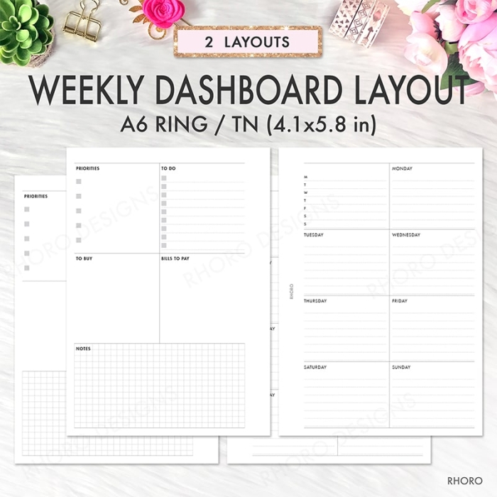 A6 Weekly Dashboard Layout Undated Ring Planner Inserts Printable | A6 TN