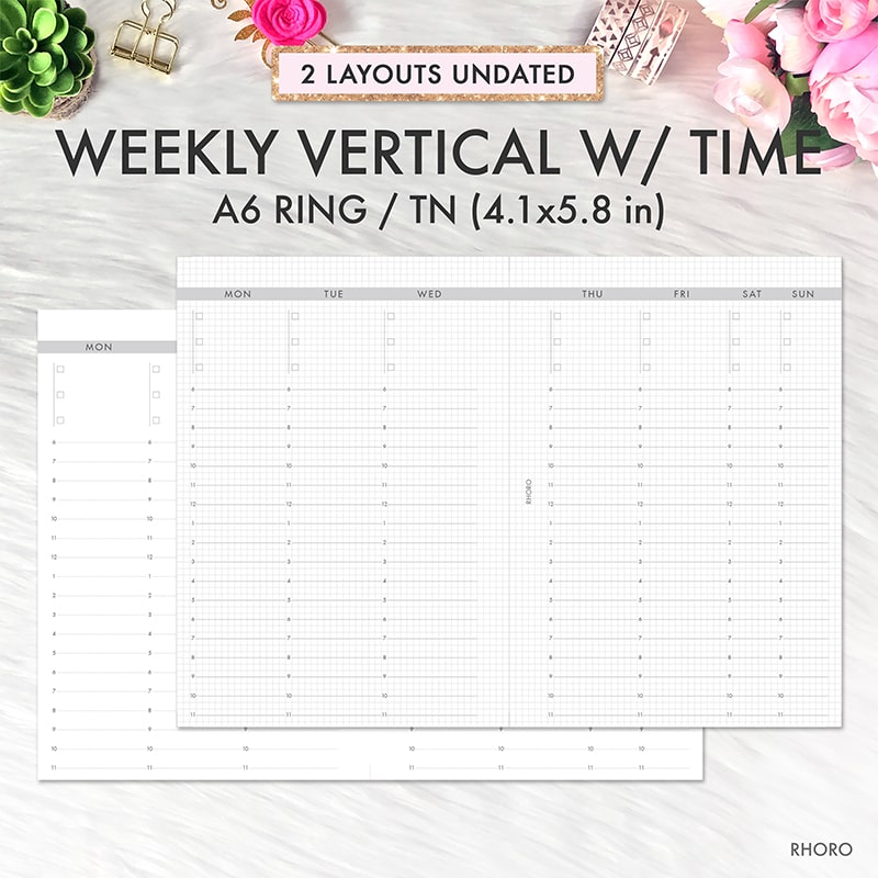 A6 Printable Planner Inserts, A6 Weekly Inserts, Weekly Vertical on 2 Pages  Undated Grid Hourly Time, A6 Printable, Foxy Fix A6, A6 Inserts