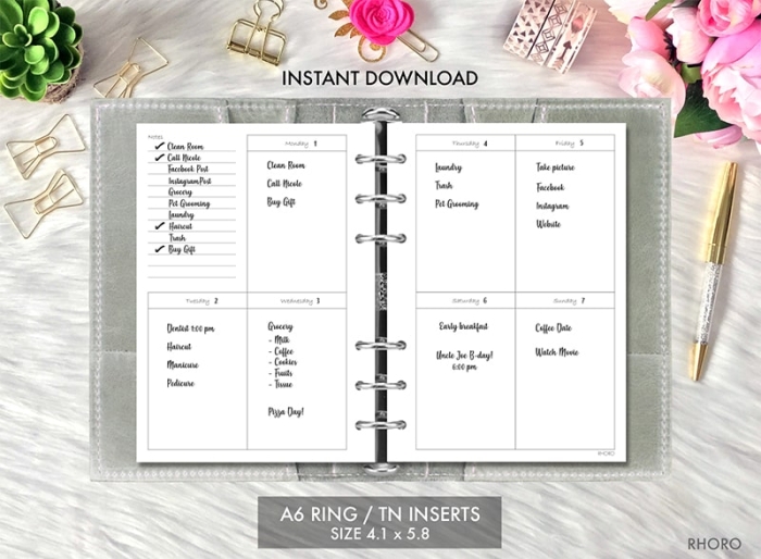 A6 Ring Inserts Printable Weekly Vertical Box, A6 Ring TN Planner  Printable, A6 Inserts, Foxy Fix A6 Rings TN, WO2P Planner Inserts, A6 Size  