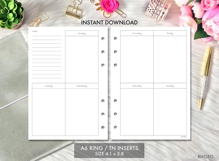 A6 Weekly Vertical WO2P Undated Ring Planner Inserts Printable | A6 TN