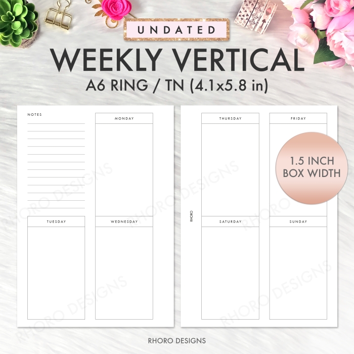 A6 Weekly Vertical 1.5 inch WO2P Ring Planner Inserts Printable | A6 TN