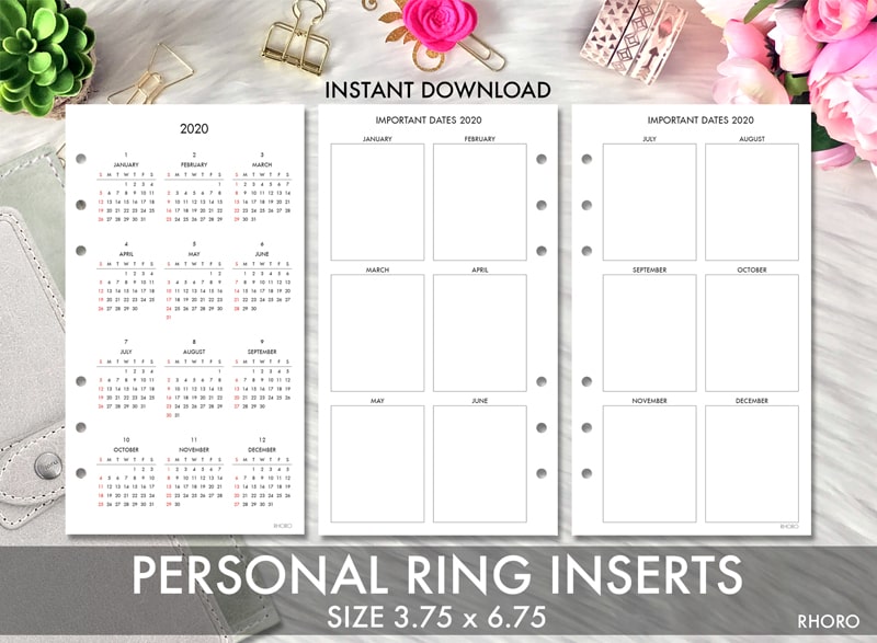 PERSONAL RING INSERT Printable 2020 Calendar Date, 2020 Year At A Glance  Personal Planner Printable Filofax Personal Foxy Fix Personal Ring - Rhoro  Designs Planner Insert Printables