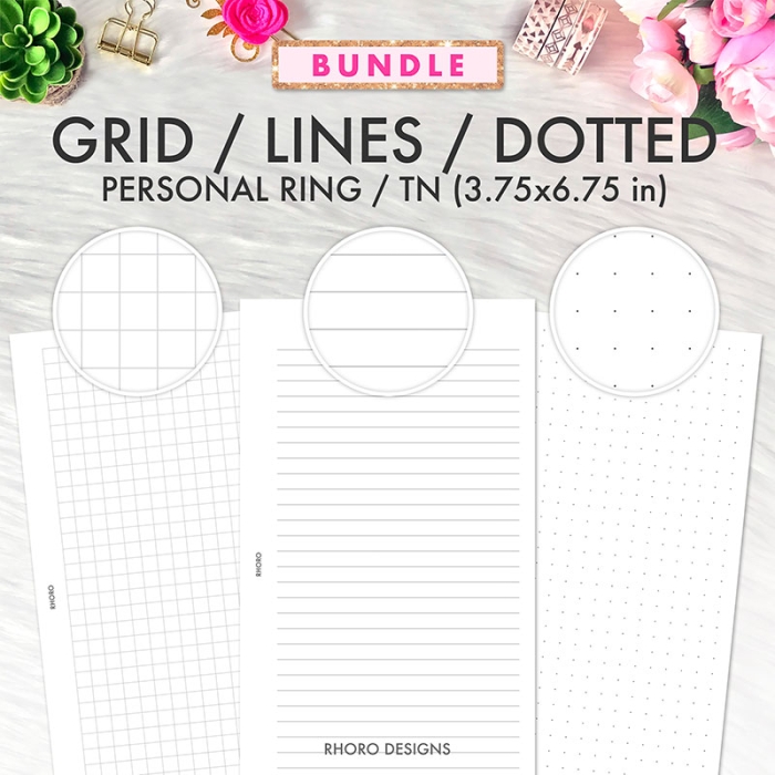 Grid, Lines, Dotted Grid Personal Ring / TN Planner Inserts Printable, Graph Bullet Journal Notes