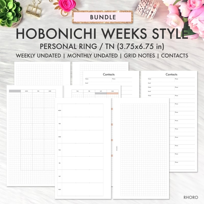 Hobonichi Weeks Style Bundle Monthly Weekly Dashed Grid Personal Ring / TN Planner Inserts Printable