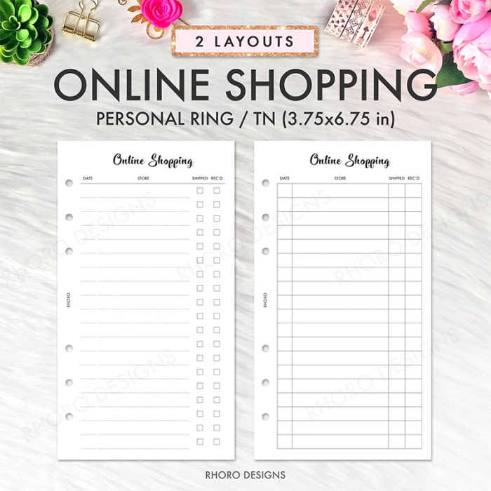 Online Shopping Purchase Tracker Log Personal Ring / TN Planner Inserts Printable