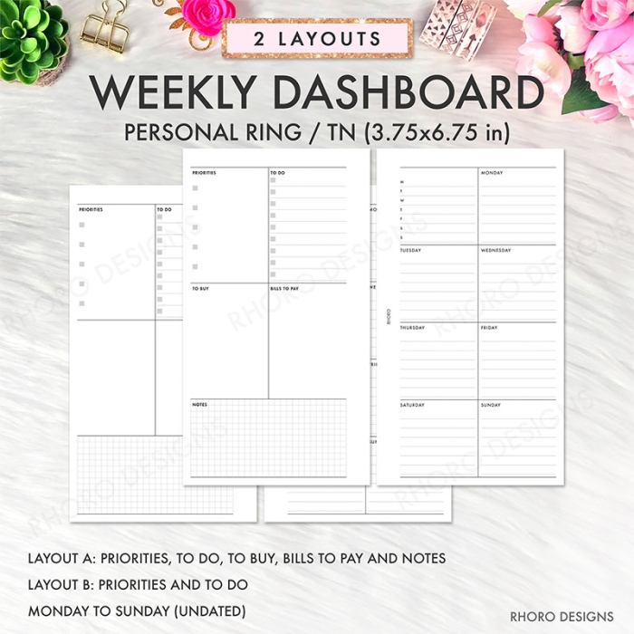 Weekly Dashboard Layout DO2P Personal Ring / TN Planner Inserts Printable