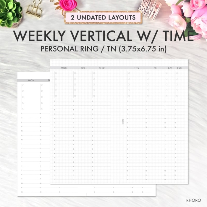 Weekly Vertical on 2 Pages WO2P Personal Ring / TN Planner Inserts Printable
