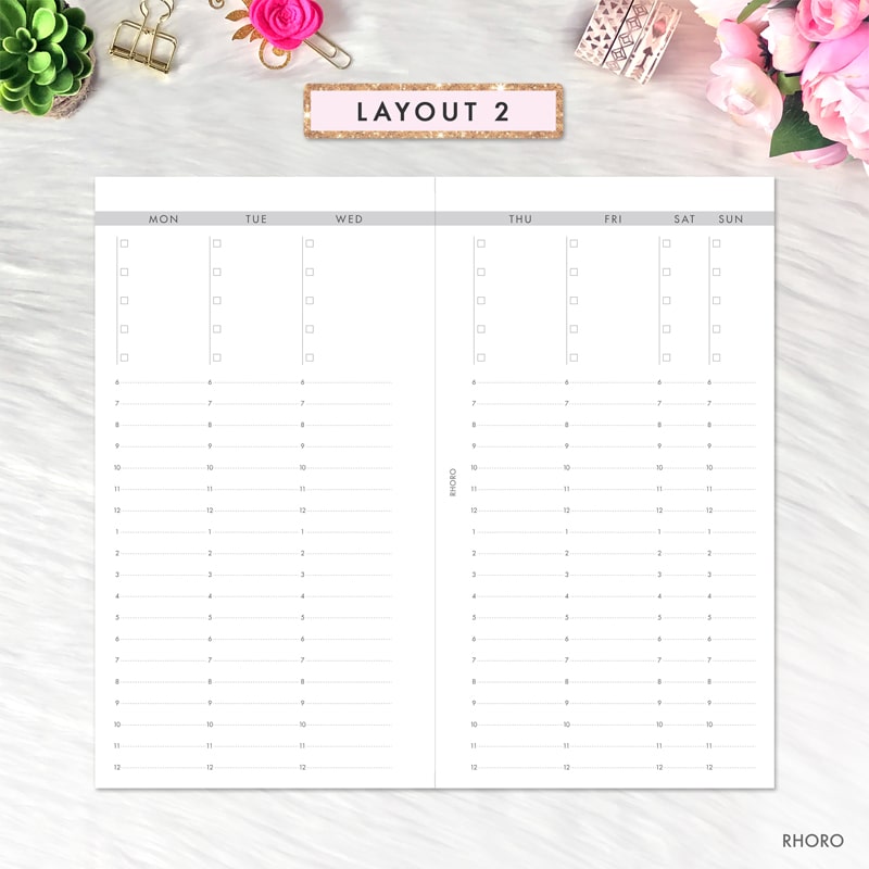 Printed WO2P personal planner insert filofax refill week on 2 pages 