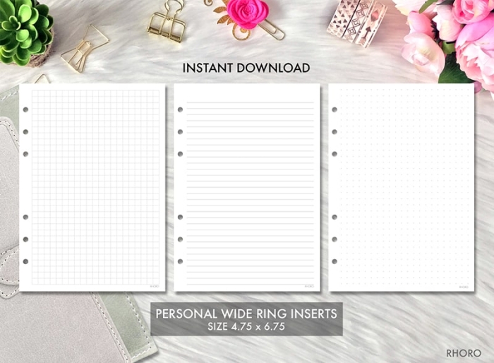 Personal Wide Ring Printable Insert Grid, Lines, Dotted Dot Grid Set