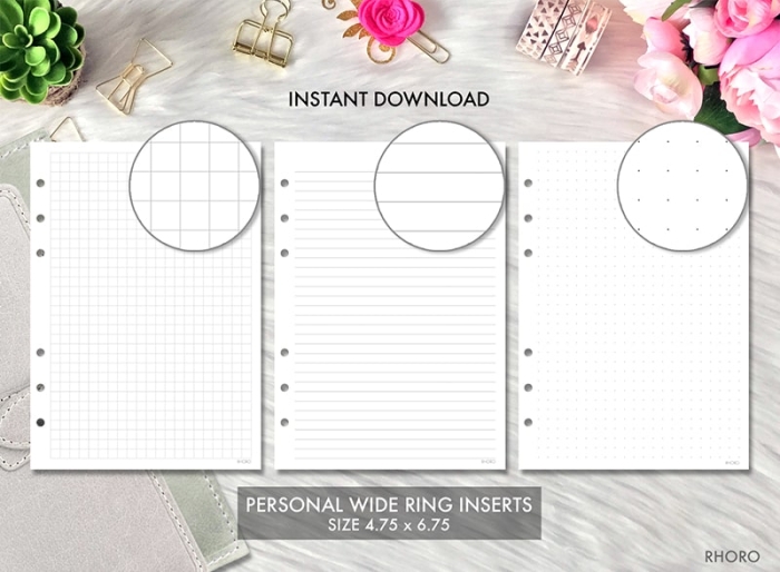 Personal Wide Ring Printable Insert Grid, Lines, Dotted Dot Grid Set