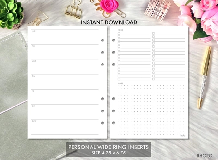 Personal Wide Ring Inserts, Weekly Personal Planner Undated Printable