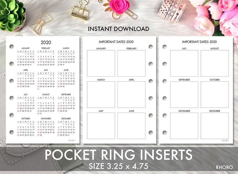 Pocket Rings Printable Insert 2020 Calendar Date, 2020 Year At A Glance  Pocket Planner Printable, Filofax Pocket Foxy Fix Pocket Rings - Rhoro  Designs Planner Insert Printables
