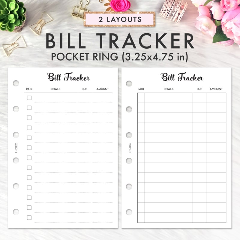  Pocket Bill Trackers Planner Insert Refill, 3.2 x 4.7 inches,  Pre-Punched for 6-Rings to Fit Filofax, LV PM, Kikki K, Moterm and Other  Binders, 30 Sheets Per Pack : Handmade Products