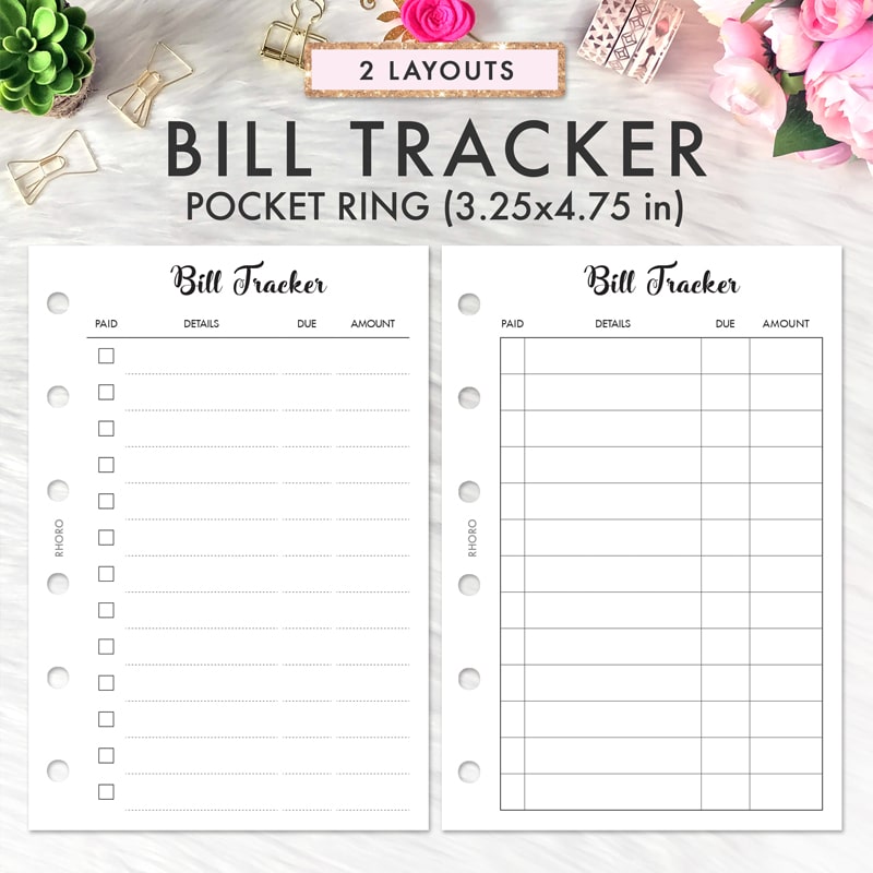 Papercraft Printed Vertical Monthly Bill Tracker POCKET Planner Inserts