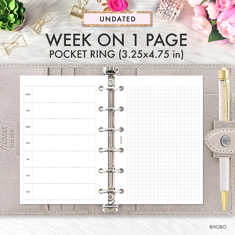 Pocket Week on 1 Page Horizontal Planner Insert Refill, 3.2 x 4.7 inches,  Pre-Punched for 6-Rings to Fit Filofax, LV PM, Kikki K, Moterm and Other
