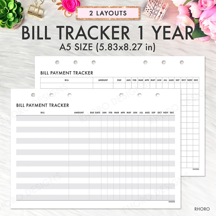Bill Tracker 1 Year Log Payment A5 Planner Inserts Printable Refills PDF Template