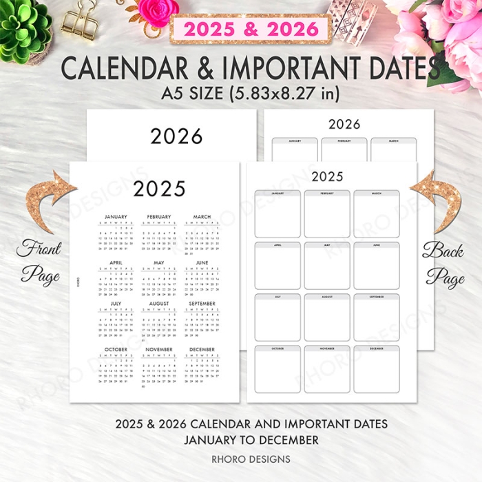 Calendar 2025 2026 A5 Planner Inserts Printable Refills PDF Template