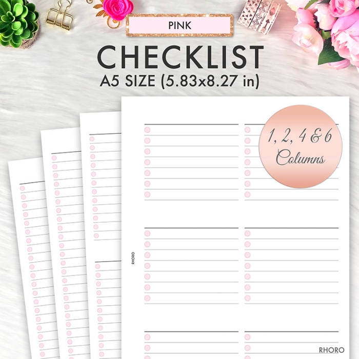 Pink Checklist Set A5 Planner Inserts Printable Refills PDF Template