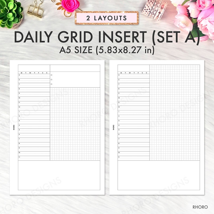 Daily Grid Hourly A5 Planner Inserts Printable Refills PDF Template