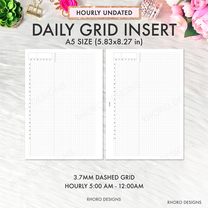 Daily Grid With Hour Hobonichi Style A5 Planner Inserts Printable Refills PDF Template