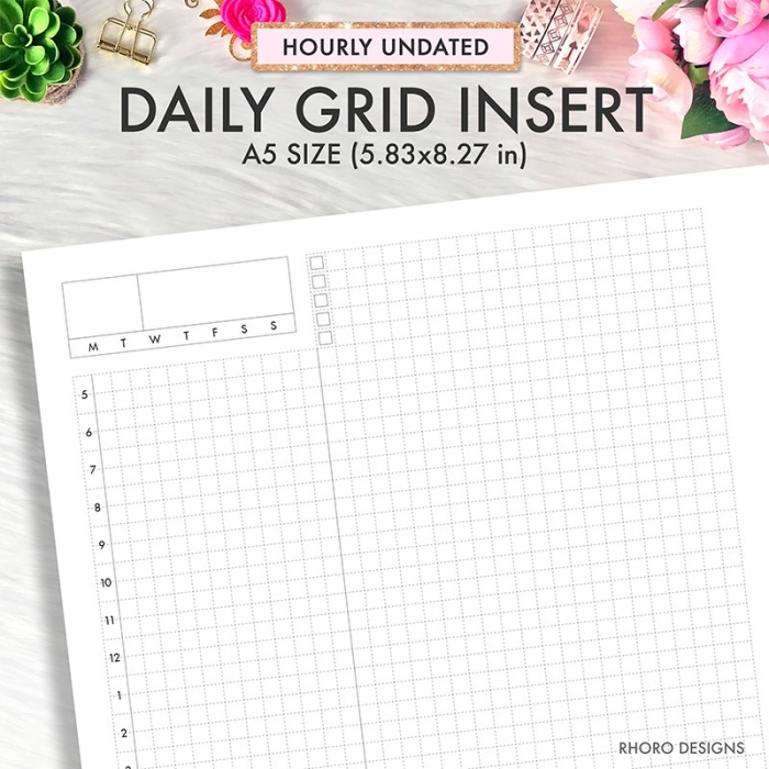 Daily Grid With Hour Hobonichi Style A5 Planner Inserts Printable Refills PDF Template - Image 2