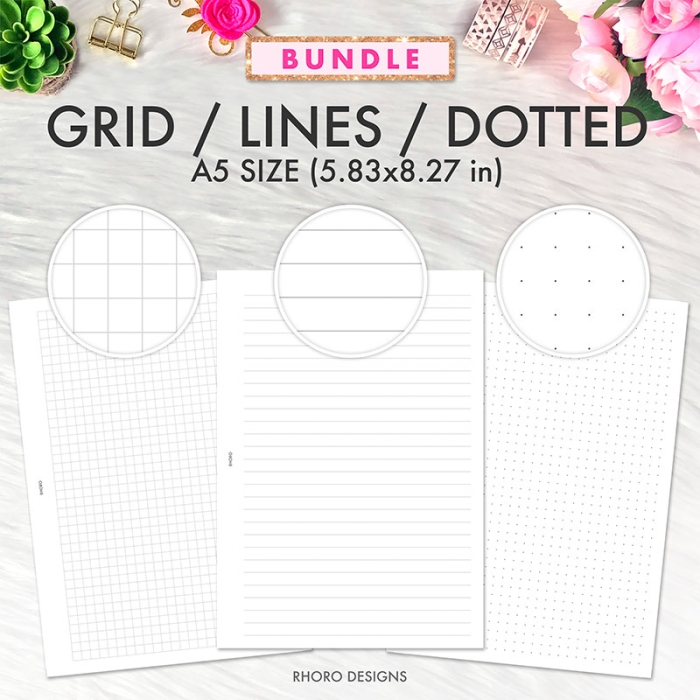 Grid, Lines, Dotted Grid A5 Planner Inserts Printable, Graph Bullet Journal Note PDF Template