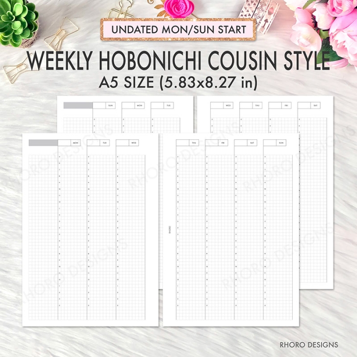 Weekly Grid Undated Hobonichi Cousin Style A5 Planner Inserts Printable Refills PDF Template