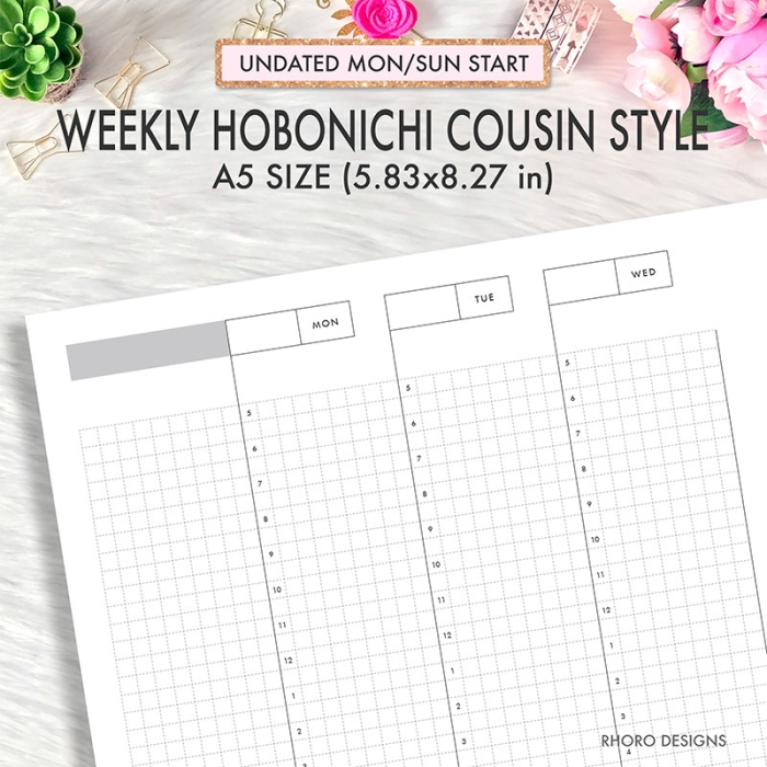 Weekly Grid Undated Hobonichi Cousin Style A5 Planner Inserts Printable Refills PDF Template - Image 2