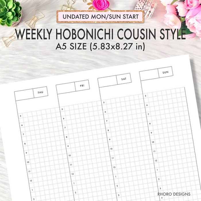 Weekly Grid Undated Hobonichi Cousin Style A5 Planner Inserts Printable Refills PDF Template - Image 3