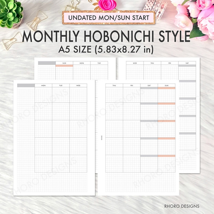 Monthly Grid Undated Hobonichi Style A5 Planner Inserts Printable Refills PDF Template