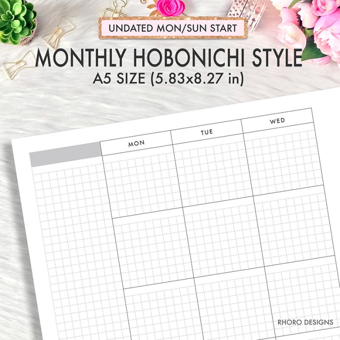 Monthly Grid Undated Hobonichi Style A5 Planner Inserts Printable Refills PDF Template - Image 2