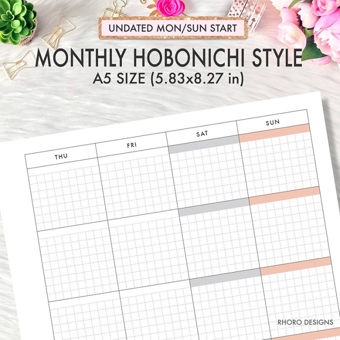 Monthly Grid Undated Hobonichi Style A5 Planner Inserts Printable Refills PDF Template - Image 3