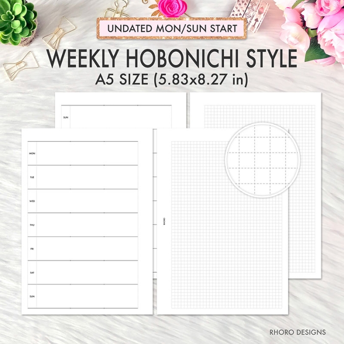 Hobonichi Weeks Style WO2P Grid A5 Planner Inserts Printable Refills PDF Template