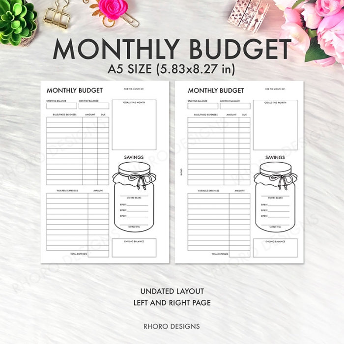 Monthly Budget Finance A5 Planner Inserts Printable Refills PDF Template