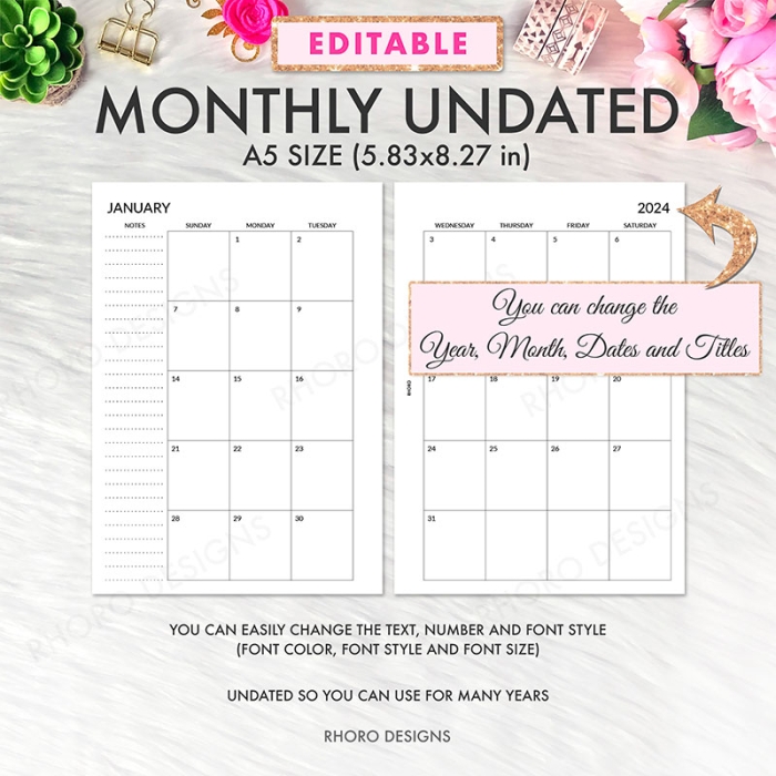 EDITABLE Monthly Calendar A5 Planner Inserts Printable Refills PDF Template