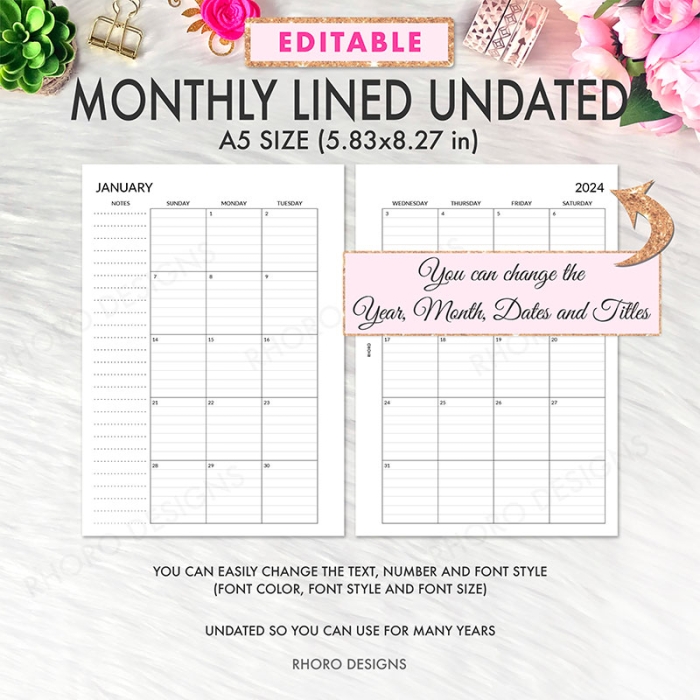 EDITABLE Monthly Lined Calendar A5 Planner Inserts Printable Refills PDF Template
