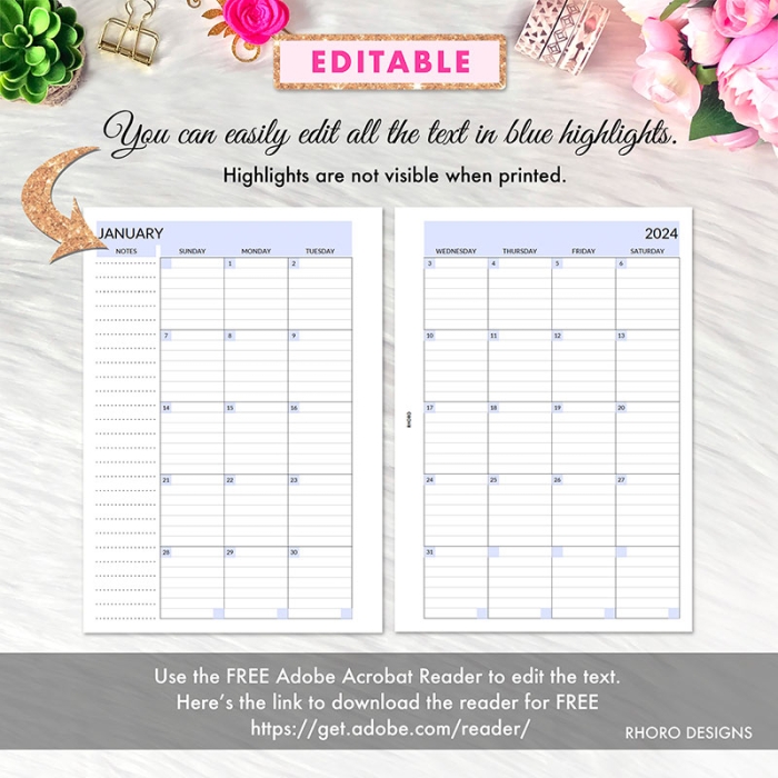 EDITABLE Monthly Lined Calendar A5 Planner Inserts Printable Refills PDF Template - Image 3