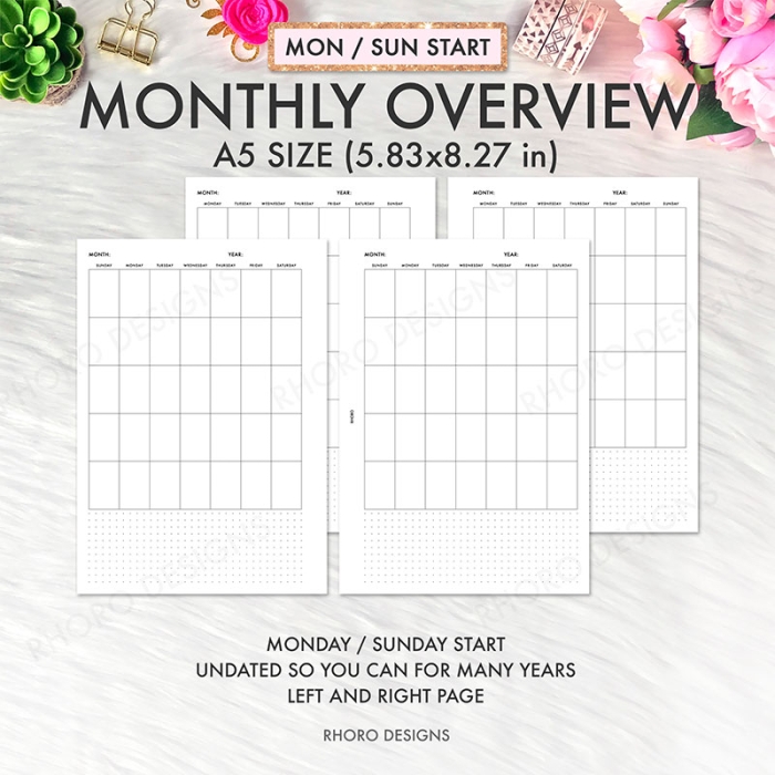 MO1P Monthly Overview Calendar Undated A5 Planner Inserts Printable Refills PDF Template