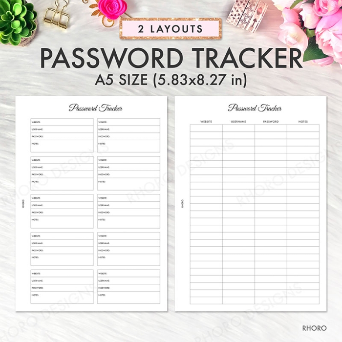 Password Tracker Log A5 Planner Inserts Printable Refills PDF Template