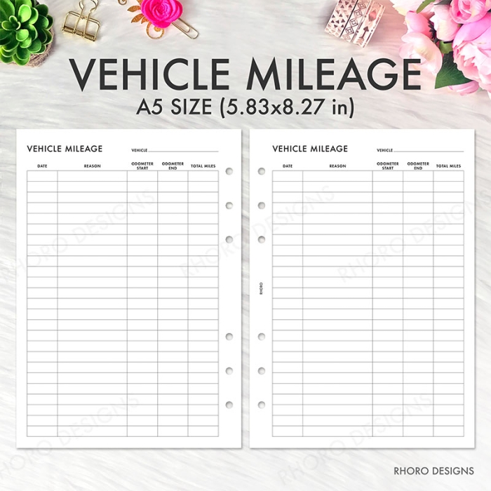 Vehicle Mileage Tracker A5 Planner Inserts Printable Refills PDF Template - Image 2