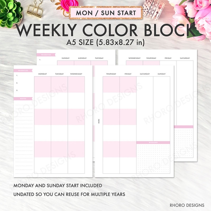 Pink Weekly Student Academic A5 Planner Inserts Printable Refills PDF Template