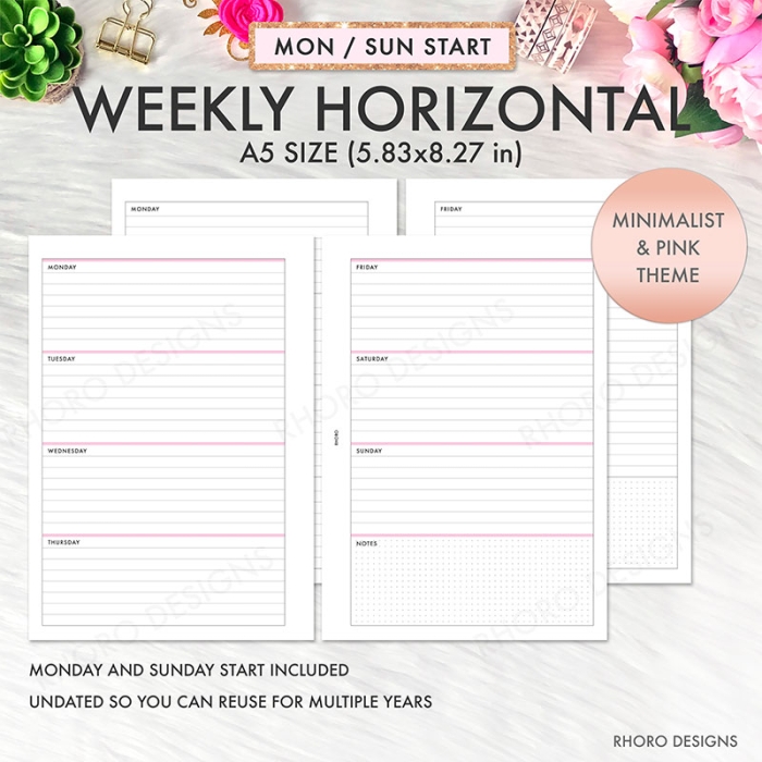 Weekly Horizontal WO2P Undated A5 Planner Inserts Printable Refills PDF Template