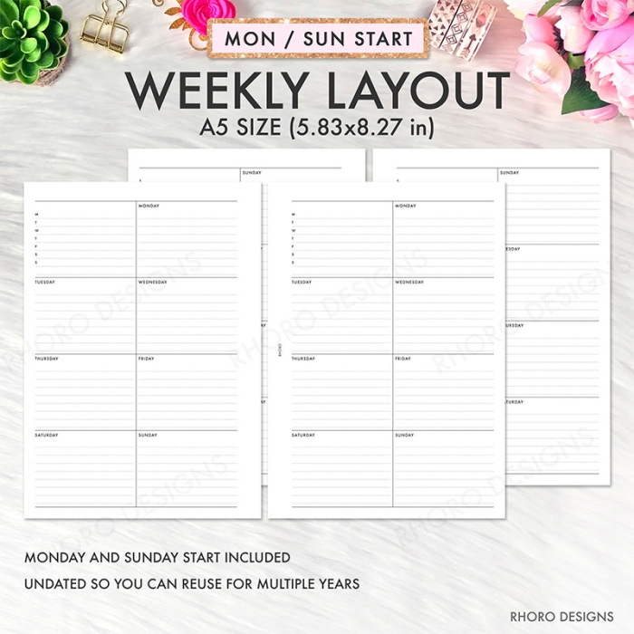 WO1P Weekly On 1 Page Layout A5 Planner Inserts Printable Refills PDF Template