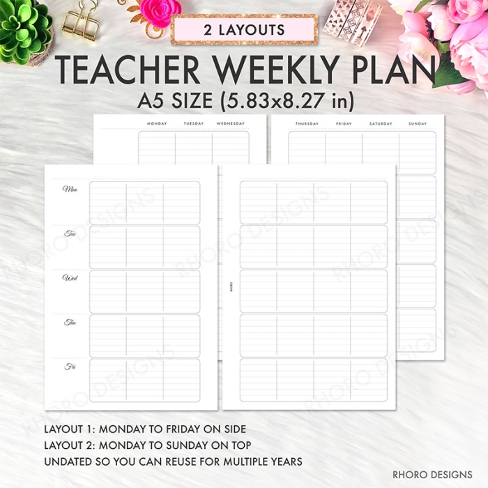 Teacher Weekly Vertical Undated A5 Planner Inserts Printable Refills PDF Template